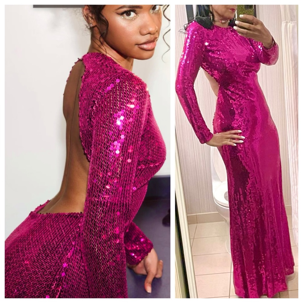 NWT Mac Duggal 10891 Fuchsia Pink Sequin Long Sleeve Open Back Maxi Dress 2
